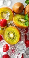 Fresh fruit arrangement with kiwi, raspberries, and ice cubes on a white background photo