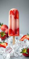 Delicious strawberry popsicle with fresh fruit and ice cubes in a bright setting photo
