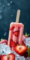 Refreshing strawberry popsicle with fresh berries and ice on a dark background photo