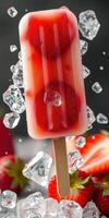 Refreshing strawberry popsicle with ice cubes and fresh strawberries on a dark background photo