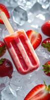 Refreshing strawberry popsicle surrounded by fresh strawberries and ice cubes on a warm summer day photo
