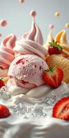 Delicious dessert featuring a variety of ice cream flavors and fresh strawberries in a delightful presentation photo