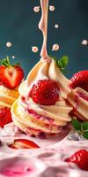 Delicious layers of ice cream and strawberries create a tempting dessert display with fresh mint garnishing photo