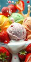 Colorful ice cream scoops with fresh strawberries and milk splash in a delightful dessert bowl photo