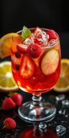 Refreshing fruit cocktail with vibrant colors and ice served in a glass with citrus slices and strawberries photo
