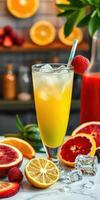 Refreshing yellow tropical drink garnished with fruits and ice, ideal for summer celebrations photo