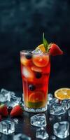 refrescante verano bebida adornado con fresas y menta en un oscuro antecedentes foto