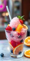 Refreshing summer dessert featuring colorful shaved ice with fresh fruits and vibrant colors photo