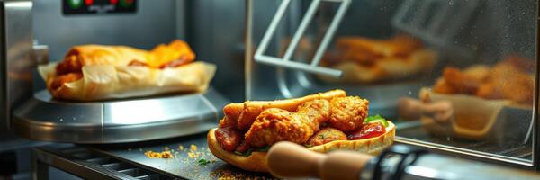 Fried chicken sandwich with crispy golden fries served in a food stall during a busy lunch hour in an urban setting photo