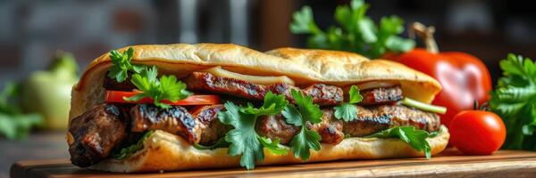 Delicious sandwich filled with grilled meat, fresh vegetables, and herbs on a wooden board in a cozy setting photo
