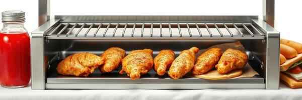 Deliciously cooked chicken tenders displayed on a warming tray with sauces and sandwiches nearby photo