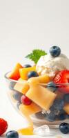 Fresh fruit salad topped with whipped cream and blueberries served in a glass bowl photo