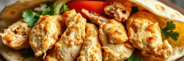 Savory grilled chicken wrapped in a warm tortilla with fresh toppings at a vibrant street market photo