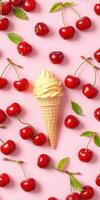 Colorful ice cream cone surrounded by fresh cherries on a pink background in a vibrant summer setting photo