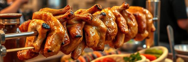Deliciously grilled chicken skewers served with colorful sides in a lively kitchen photo