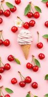 Delightful cherry ice cream cone surrounded by fresh cherries and leaves on a pastel pink background photo