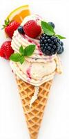 Colorful ice cream cone topped with fresh berries and mint leaves in bright setting photo