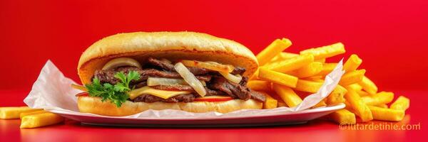 Juicy sandwich with fries served on a red background at a casual eatery during lunchtime photo