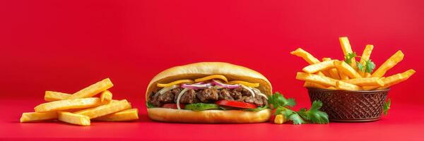 Juicy hamburger with cheese and fresh vegetables served with crisp golden fries photo