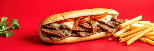 Delicious steak sandwich served with crispy fries against a vibrant red background photo