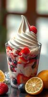 Delicious dessert featuring soft serve ice cream with strawberries and blueberries on a sunny afternoon photo