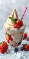 Delicious frozen dessert topped with fresh strawberries and blueberries in a clear glass bowl photo