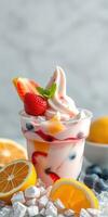 Delicious dessert featuring creamy swirl topped with fresh berries and fruit slices in clear cup photo