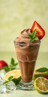 Refreshing chocolate dessert topped with strawberries and mint on a sunny day with fresh fruits nearby photo