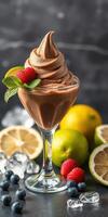 Delicious chocolate mousse topped with fresh raspberries and mint leaves beside colorful fruits photo
