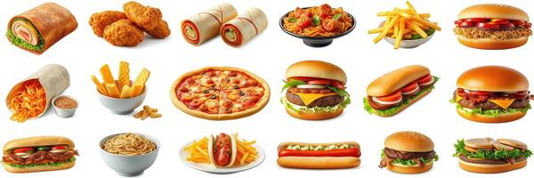 Diverse array of delicious fast food items including burgers, pizza, and wraps displayed on a white background photo