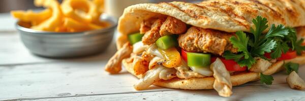 Delicious grilled chicken wrap filled with fresh vegetables and served with crispy fries on a rustic wooden table photo