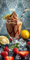Delicious chocolate dessert drink topped with whipped cream and fresh fruit on a summer day photo