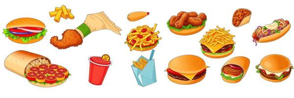 Fast food assortment featuring burgers, fried chicken, fries, and snacks on a white background photo