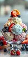 Delicious dessert bowl filled with assorted ice cream scoops topped with fresh fruits in a cozy setting photo