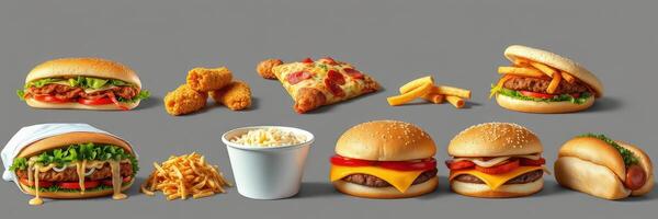 Various fast food items displayed on a gray surface showcasing different flavors and textures photo