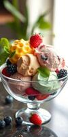 Colorful ice cream sundae with fresh fruit and mint leaves in a glass bowl on a table photo