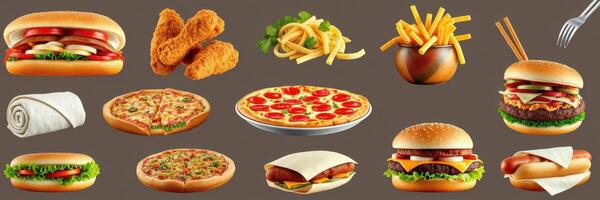 Variety of delicious fast food items including burgers, pizza, and chicken wings on a neutral background photo