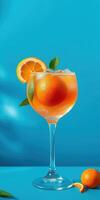 Bright cocktail with orange garnish in elegant glass against a blue background photo