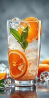 Refreshing citrus drink with ice and fresh mint garnished with orange slices on a cooling surface photo