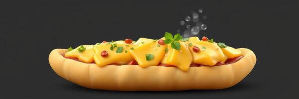 Savory hot dog topped with melted cheese and fresh herbs inviting delicious flavors for a summer picnic photo