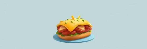 Delicious cheeseburger topped with melted cheese, fresh lettuce, and tomato on a light blue background photo