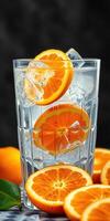Refreshing orange drink served in a tall glass with ice and fresh slices photo