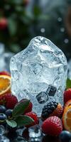 Vibrant fruits arranged around a sculpted ice centerpiece on a table during a summer gathering photo