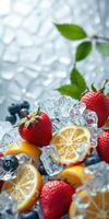 Fresh fruit arrangement with ice and mint leaves on a textured surface during a sunny day photo