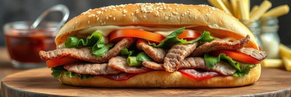 Delicious sandwich filled with grilled beef, fresh lettuce, and ripe tomatoes on a wooden board with fries photo