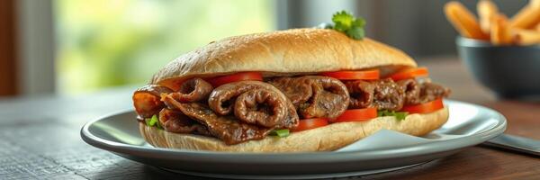Tasty sandwich with grilled beef, fresh tomatoes, and pickles served with fries in a cozy setting photo