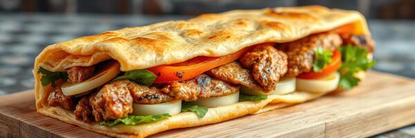 Delicious flatbread sandwich filled with savory grilled chicken, fresh vegetables, and flavorful sauces on a wooden cutting board photo
