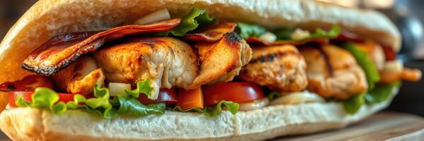 Grilled chicken sandwich with bacon and fresh vegetables served in a hearty roll photo