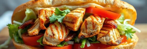 Grilled chicken sandwich with fresh vegetables served on a toasted bun photo