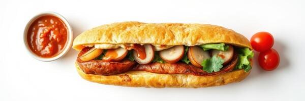 Delicious sandwich with sausage, vegetables, and dipping sauce on a white background perfect for a quick meal photo